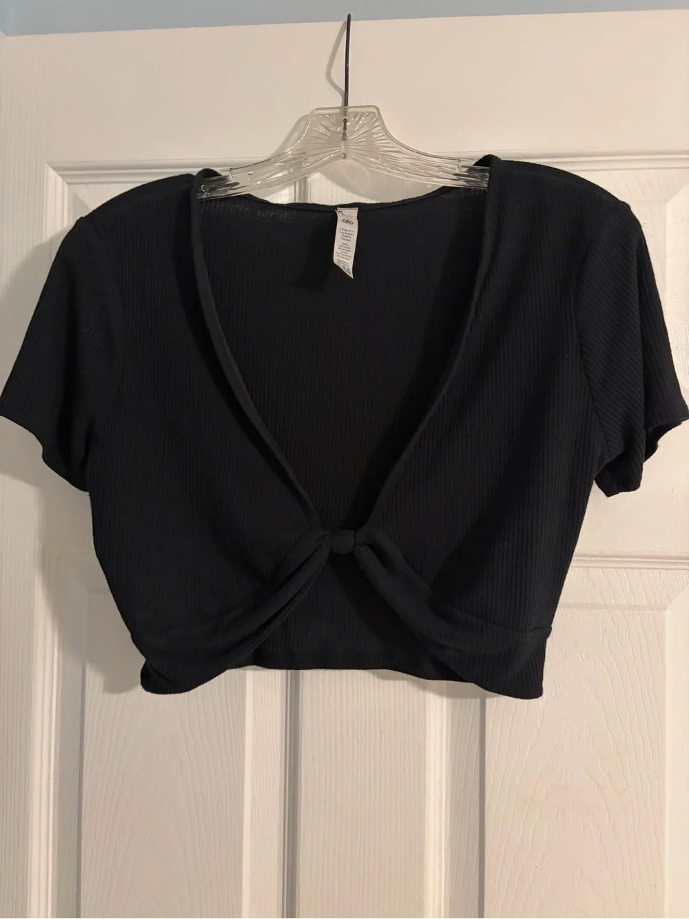 Alo Yoga Black Ribbed Knotty Short Sleeve Crop Top - Size L